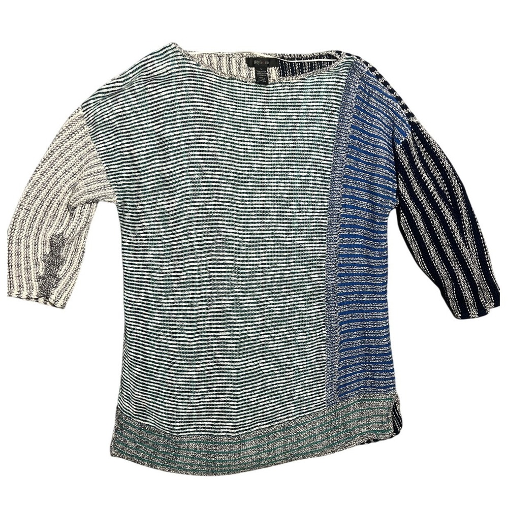 Style & Co Women's L Striped Colorblock Boat Neck Knit Sweater Blue Green White